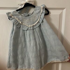 Blue Ruffled Baby Girl Dress with Lace Trim